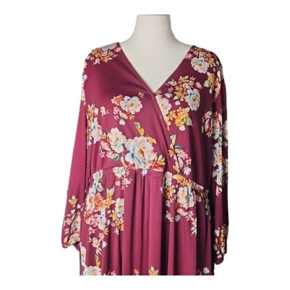 Burgundy Cherry Maroon Floral Fall Maxi Dress w/ Lace 3X Boho Chic Cottagecore - Picture 5 of 12